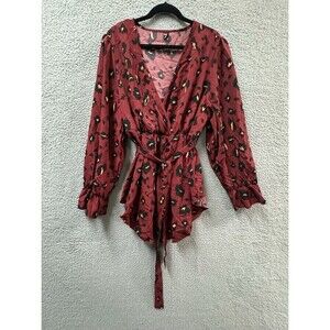 FINJANI Blouse Womens 4XL Red black Long Sleeve Tie Elastic Waist